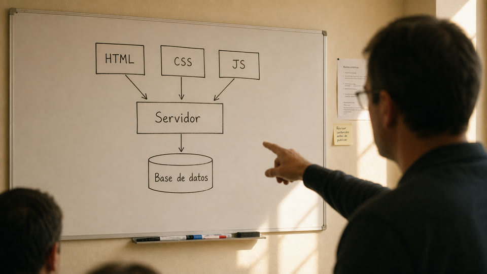 Diagrama en pizarra con la arquitectura básica de una página web: HTML, CSS, JavaScript, servidor y base de datos conectados por flechas.